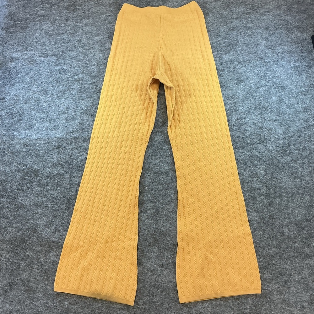 Sandro Ochre Ribbed Knit Casual High Rise Quiet Luxury Wide-Leg Pants Size 36 - Picture 4 of 4